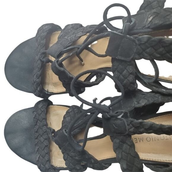 ANTONIO MELANI Block Heel Sandals SZ 8 Leather Round Open Toe‎ Strapy Braided 4" - Picture 10 of 12